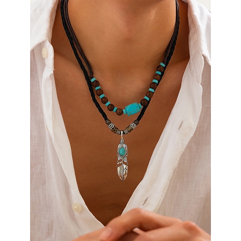 Men's Vintage Feather Pendant Necklace with Turquoise Beads – Tribal Style Leather Rope Jewelry for Festivals, Travel and Everyday Casual Wear4