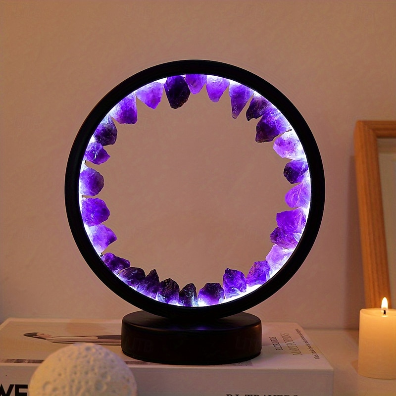 LED Rechargeable Bedside Lamp Natural Quartz Amethyst Cluster Night Lamp Bedroom Desk circular Circle Decorative Lights