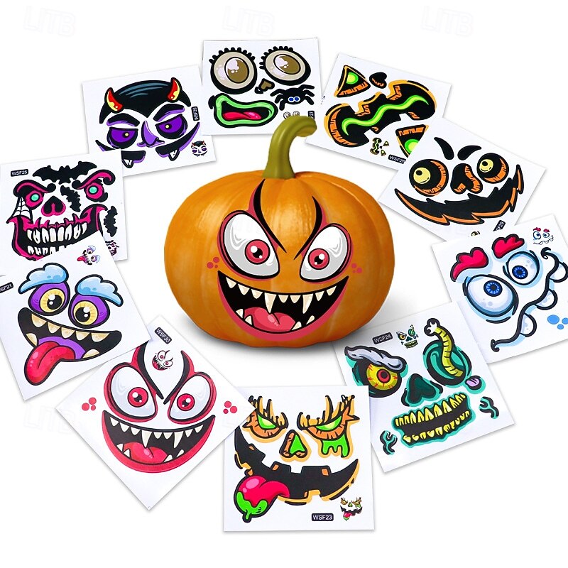 10pcs Halloween Pumpkin Decorating Stickers, Make Mini Pumpkin Face Stickers for Kids and Toddlers, Trick or Treat Party Favors and Halloween Gift Decorations3