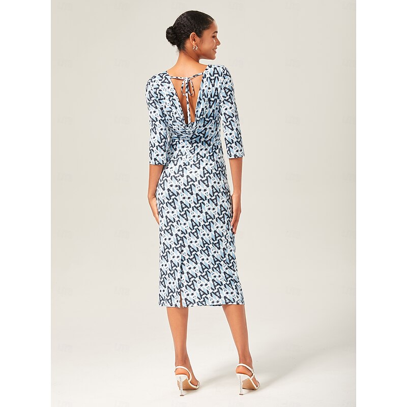 Women's Women Casual Dress Midi Dress Blue 3/4 Length Sleeve Geometric Backless Summer Cross-Seasons Bateau Print XS S M