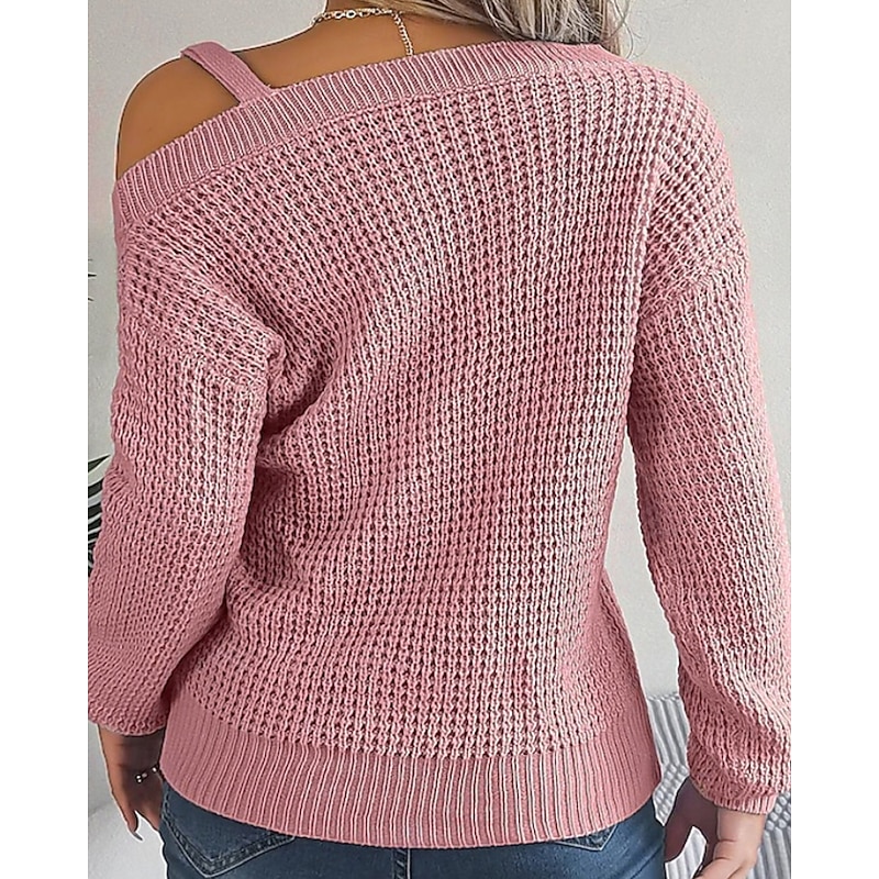 Women's Sweater Fashion Solid Color Ribbed Crew Neck Knitted Long Sleeve Regular Tops Knit Holiday Going out Weekend Pink Fall2