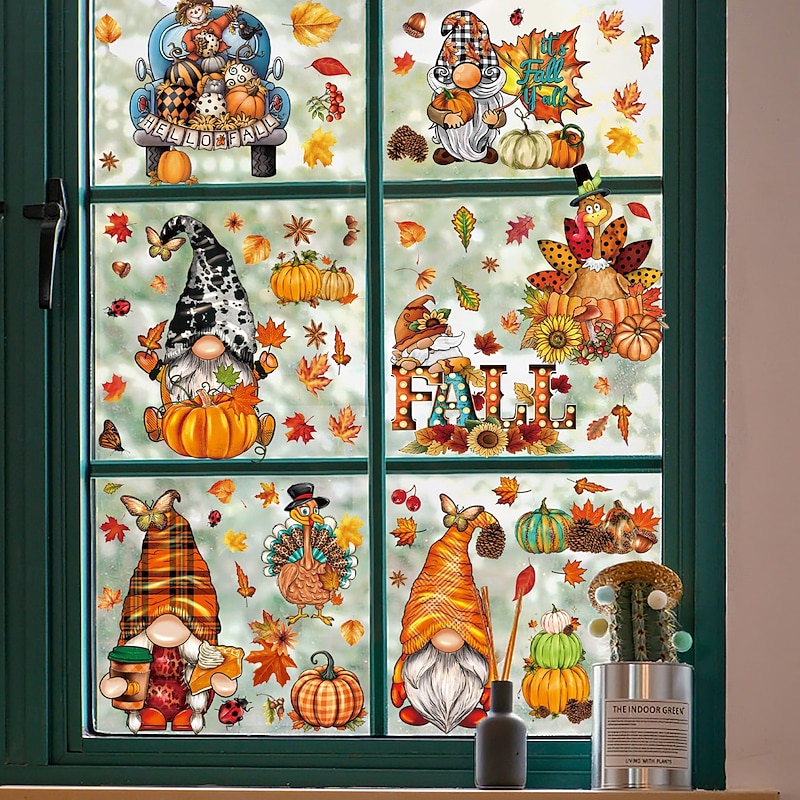 9 Sheets Fall Window Cling Thanksgiving Sticker Decals Decorations Double Side, Gnome Hedgehog Maple Leaf Pumpkin Static Stickers for Glass Window Autumn Harvest Home Decor2