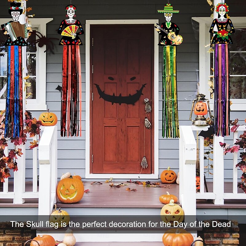 3.6FT Halloween Sugar Skull Hanging Decor Mexican Party Porch Hanging with Metallic Foil Fringe for Mexican Fiesta Halloween Day of The Dead Yard Tree Altar Home Indoor Outdoor2