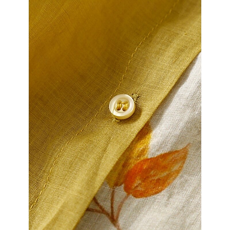 Women's Cotton Linen Shirts Floral Vintage Basic Casual 3/4 Length Sleeve Shirt Collar Regular Tops Daily Pocket Buttons Print Black Yellow Summer Spring4