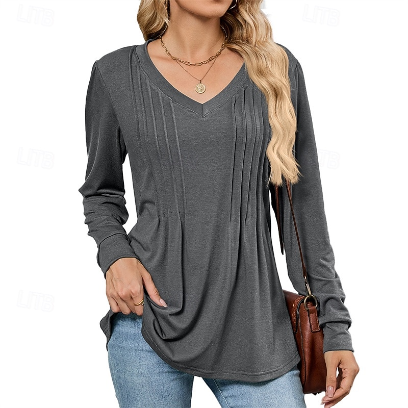 Women's T Shirt Plain Casual Long Sleeve V Neck Regular Tops Daily Weekend Tunic Black White Pink Wine Navy Blue Summer Texture Fabric
