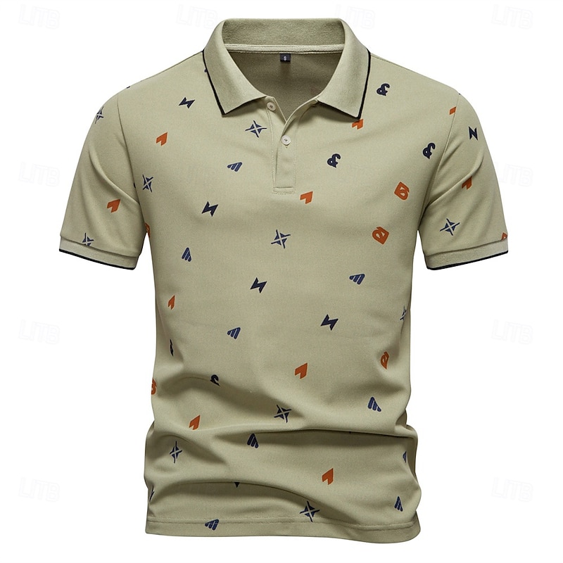 Male Abstract Short Sleeve Polo Collar Modern Sports & Outdoor Casual Athleisure Summer White Green Khaki2