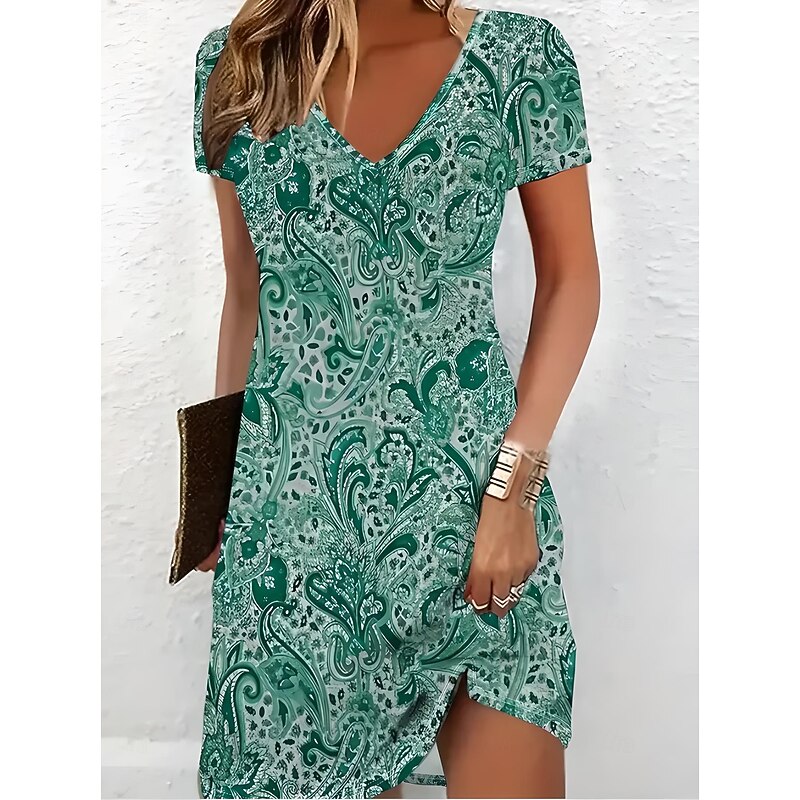 Women's Mini Dress T Shirt Dress Tee Dress Sundress Summer Dress Vacation Casual Boho Daily Holiday Going out Regular Fit Graphic Paisley Short Sleeve V Neck Black Wine Green Summer3
