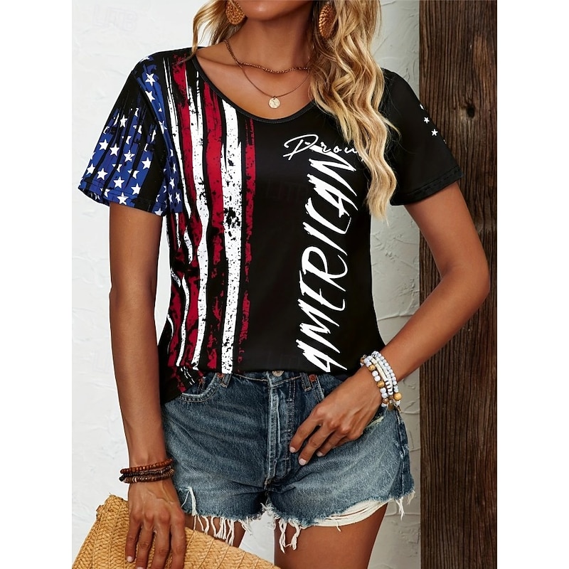 Women's Patriotic  T Shirt Flag Flag National Flag Stylish Casual Red White And Blue Short Sleeve V Neck Regular Tops Daily Print Blue Summer Spring4