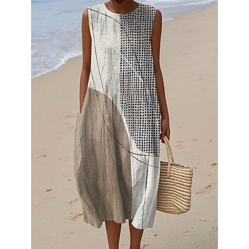 Women's Midi Dress Sundress Shift Dress A Line Dress Vacation Casual Boho Going out Beach Loose Fit Graphic Geometric Sleeveless Crewneck Light Brown Blue Orange Green Summer Spring