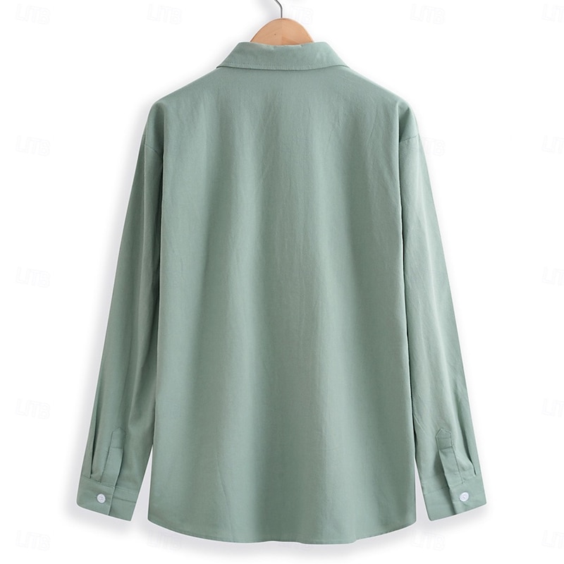 Men's Shirt Linen Shirt Summer Shirt Beach Wear Button Up Shirt Solid Color Vacation Street White Green Khaki Light Blue Long Sleeve Turndown Summer Clothing Apparel Pocket3