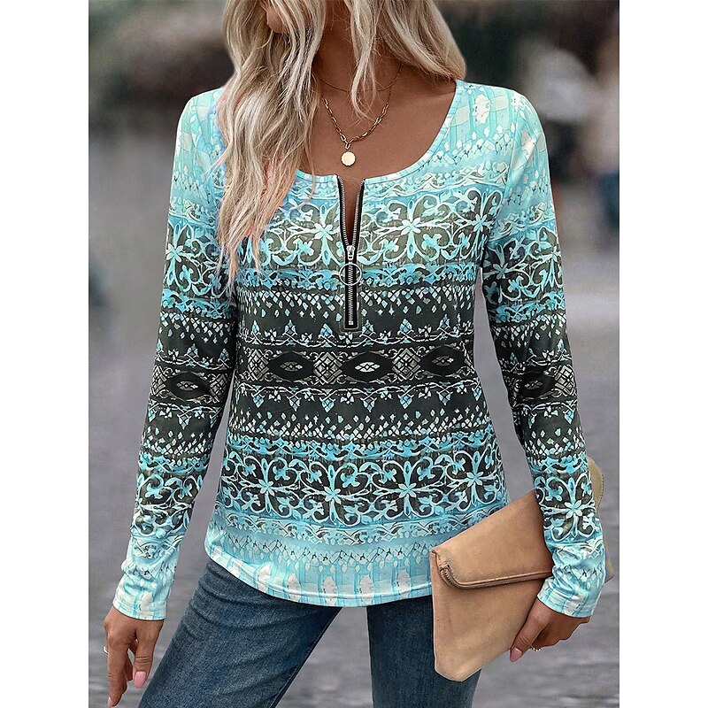 Women's T Shirt Quarter Zip Long Sleeve Casual Ombre Color Gradient Elegant Stylish Modern V Neck Regular Tops Daily Pink Blue Summer Spring4