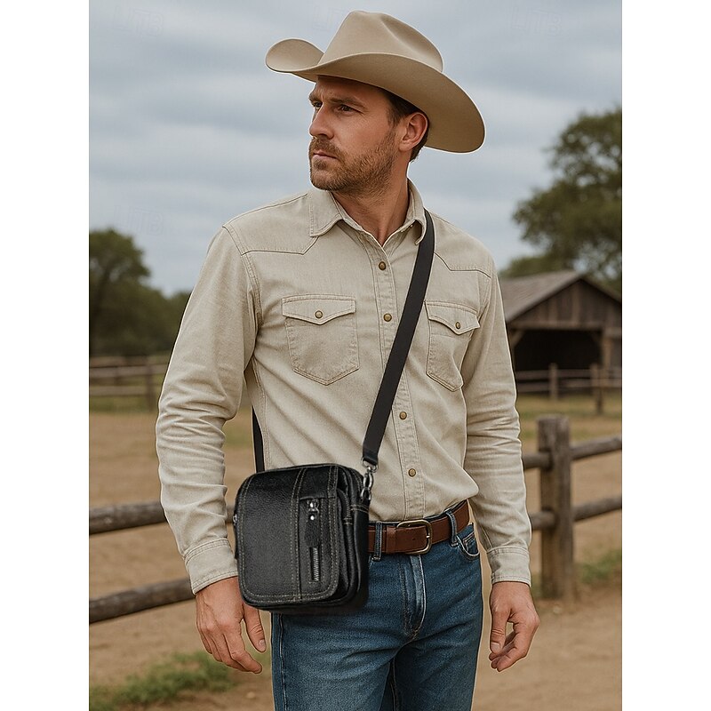 Men's genuine leather messenger bag with zipper pocket, Retro style, Can be inserted into the belt to use as a waist bag, Suitable for outdoor travel, Hiking, Camping or western cowboy wear3