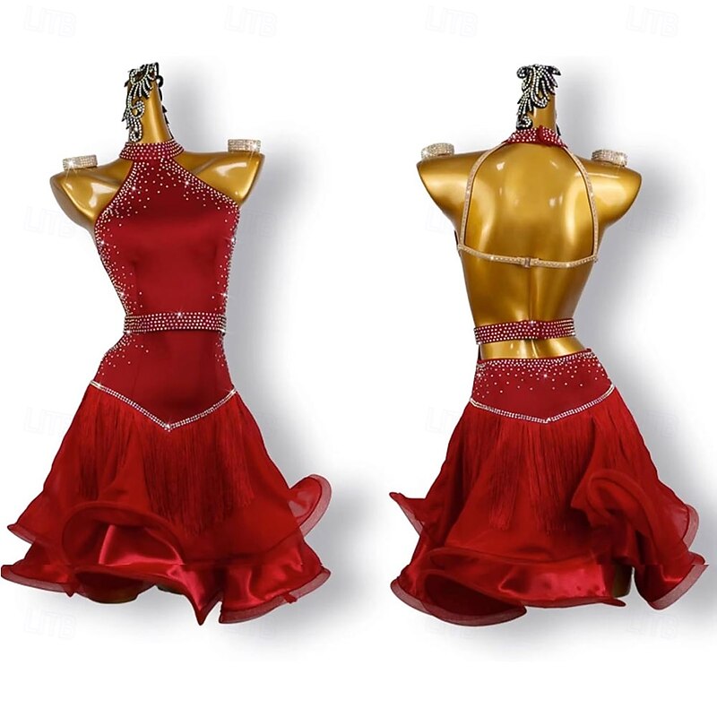 Red Off-The-Shoulder Diamond-Studded Latin Dance Dress Women's Competition Performance Mesh Skirt4