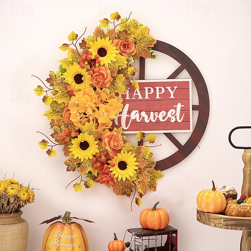 Fall Wreath for Front Door Thanksgiving Harvest Indoor Outdoor Decoration, Maple Leaf Sunflower Wagon Wheel Hanging Wreath for Porch and Home Decor