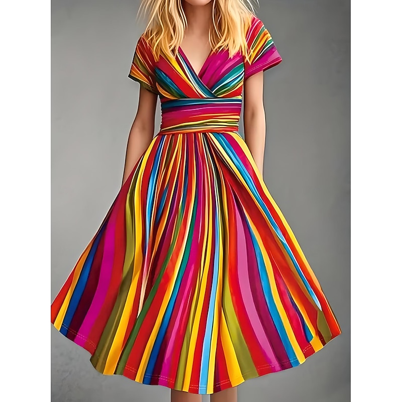 Women's Midi Dress Sheath Dress Wrap Dress Sundress Summer Dress Vacation Party Casual Daily Holiday Going out Regular Fit Ombre Graphic Geometric Half Sleeve V Neck Pink Red Blue Orange Summer3