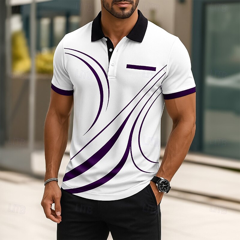 Men's Line Polo Short Sleeve Polo Shirts Collared Shirts Business Casual Business Athleisure Daily Wear Pocket 3D Print Buttons Summer Purple Green Black-white3