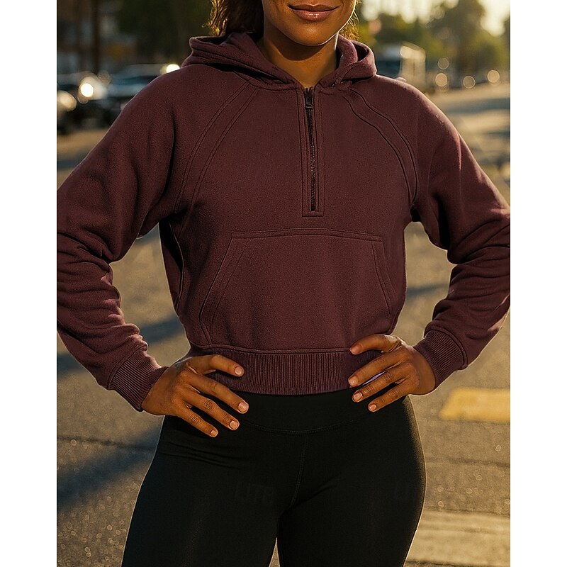 Women's Hoodie Sweatshirt Zip Up Hoodie Quarter Zip Long Sleeve Top Solid Colored Quick Dry Lightweight Breathable Tennis Golf Running Sportswear Activewear Red Purple Brown4