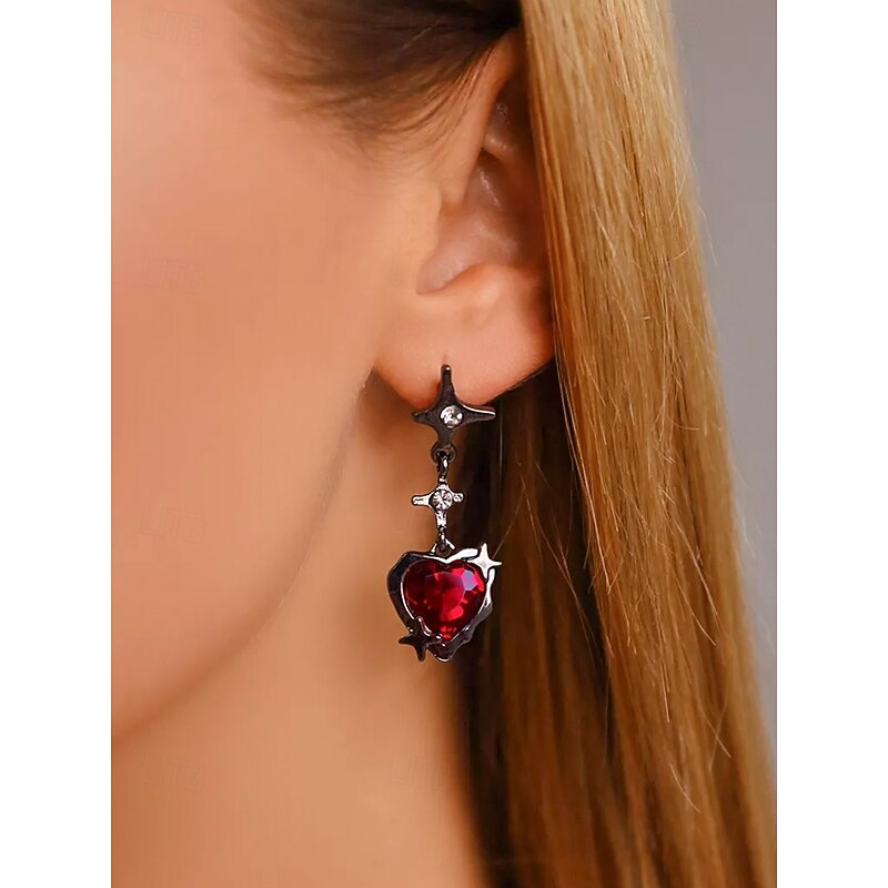 Women's Gothic Heart Drop Earrings – Vintage Barbed Red Crystal Studs for Halloween Parties, Cosplay & Retro Occasions2