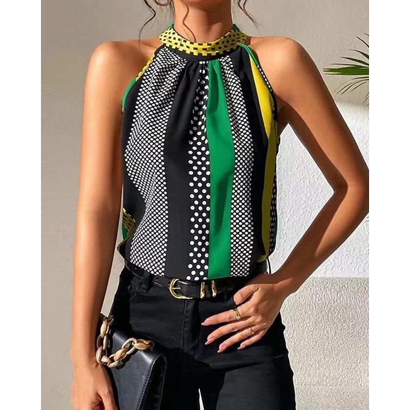 Women's T Shirt Tank Top Tee Top Polka Dot Striped Fashion Modern Sleeveless High Neck Regular Tops Daily Vacation Wear Purple Orange Green Summer4