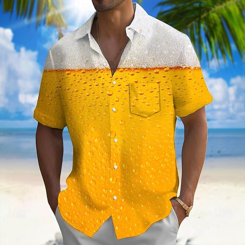 Men's Optical Illusion Oktoberfest Beer Shirt Summer Shirt Button Up Shirt Short Sleeve Fashion Casual Outdoor Holiday Summer Spring Turndown 3D Print Collared Shirts Front One Pocket Yellow Orange2