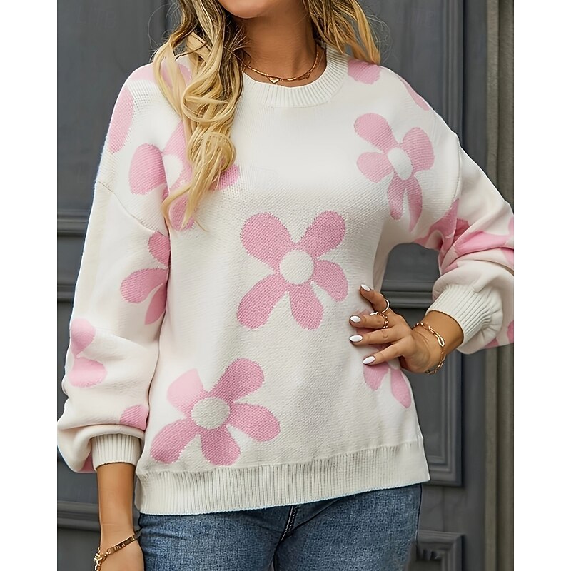 Women's Sweater Casual Soft Floral Ribbed Crew Neck Knitted Print Long Sleeve Regular Tops Knit Outdoor Daily Holiday Pink Fuchsia Fall Winter