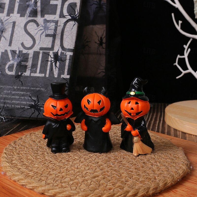 3pcs/set Halloween Mini Pumpkin Devil Gentleman Resin Figurine Set, Spooky Home Party Tabletop Decor, Resin Craft Ornament