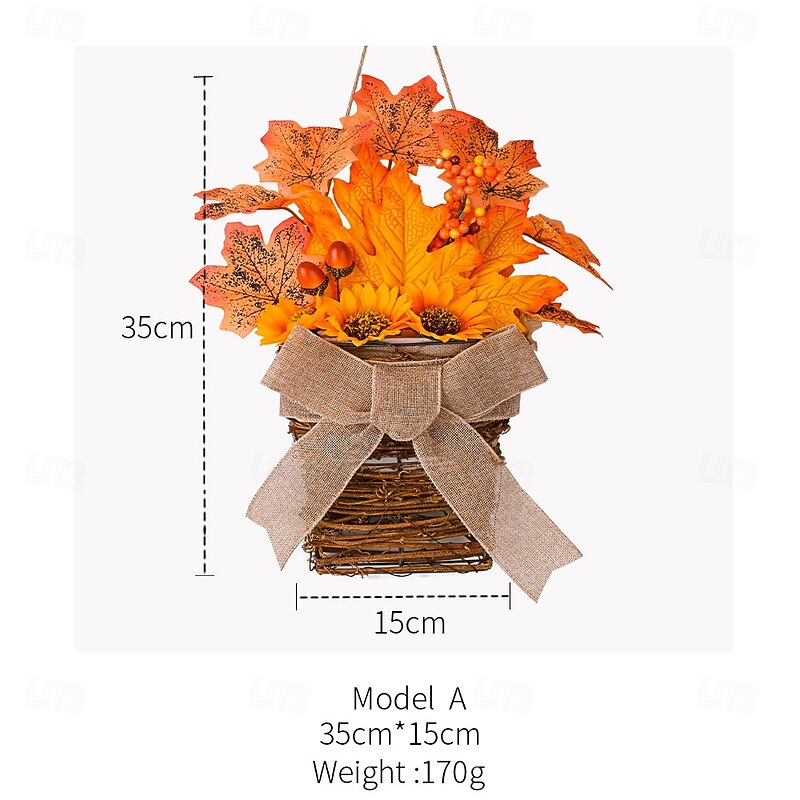 Fall Wreath for Front Door Thanksgiving Harvest Indoor Outdoor Decoration, Natural Vine Basket with Autumn Leaves and Bow, Rustic Door and Wall Hanging4