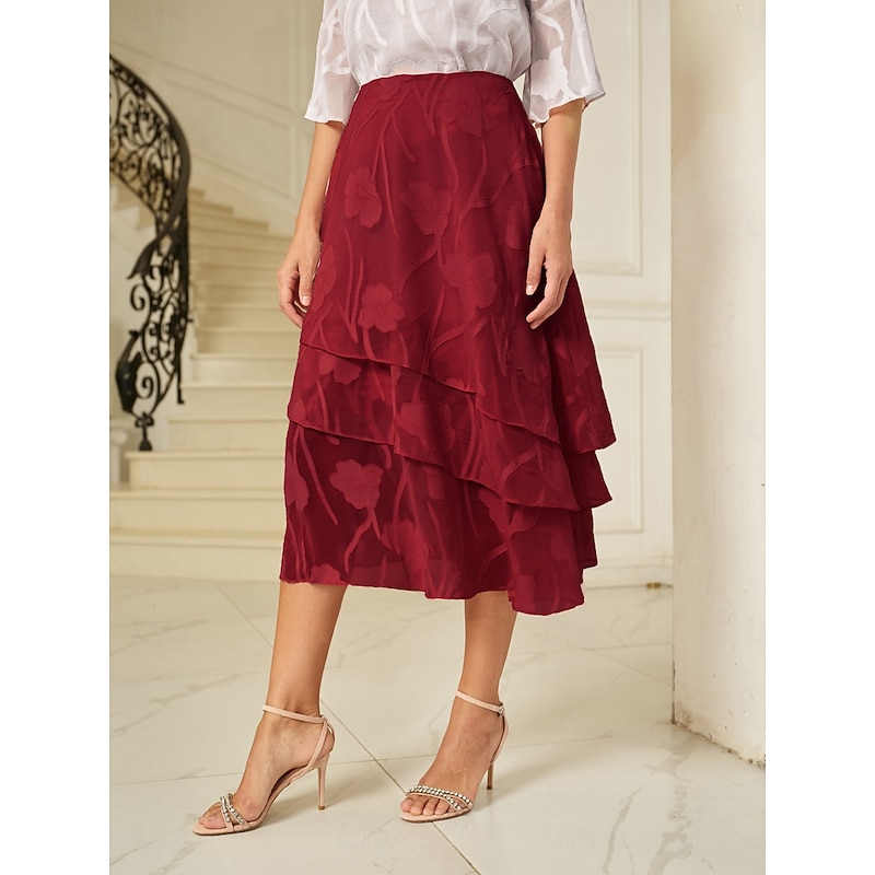 Women's Skirt Elegant Midi Mid Waist Skirts Floral Layered Inelastic Party Causal Wine Summer Chiffon2