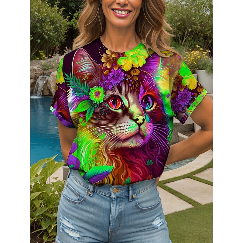 Women's T Shirt Floral Graphic Animal Vintage Stylish Classic Short Sleeve Crew Neck Round Neck Regular Tops Daily Weekend Print Yellow Red Blue Purple Green Summer Spring4