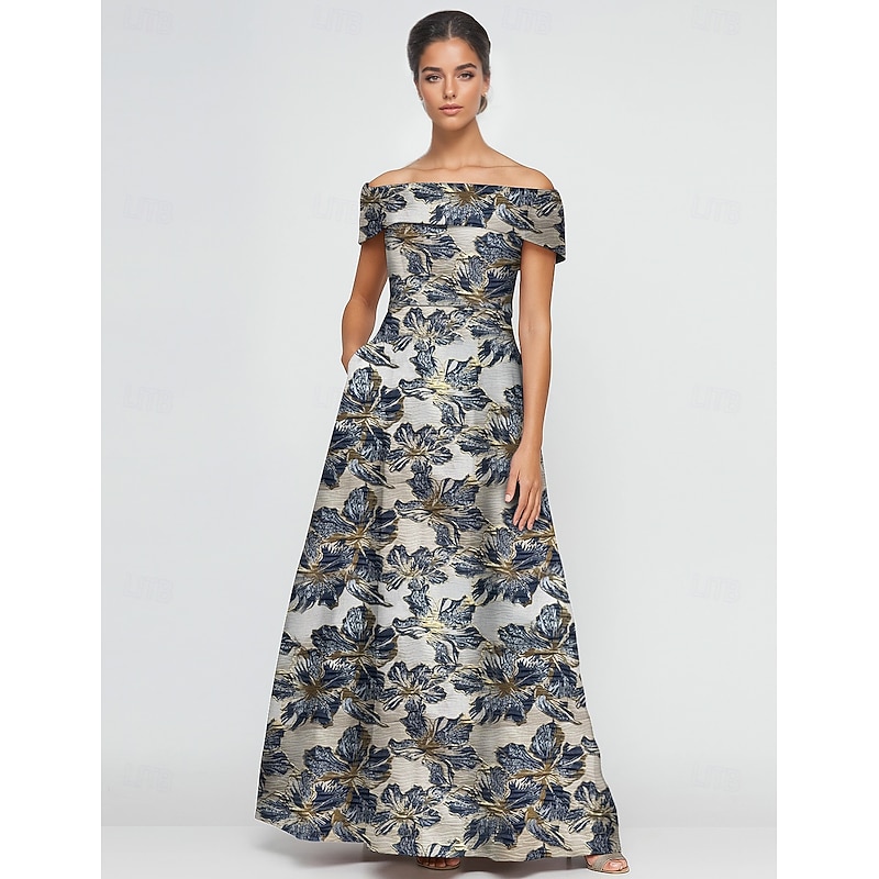 Jacquard Brocade A-Line Evening Gown Elegant Dress Formal Wedding Floor Length Short Sleeve Off Shoulder Pocket Nylon with Slit Pocket