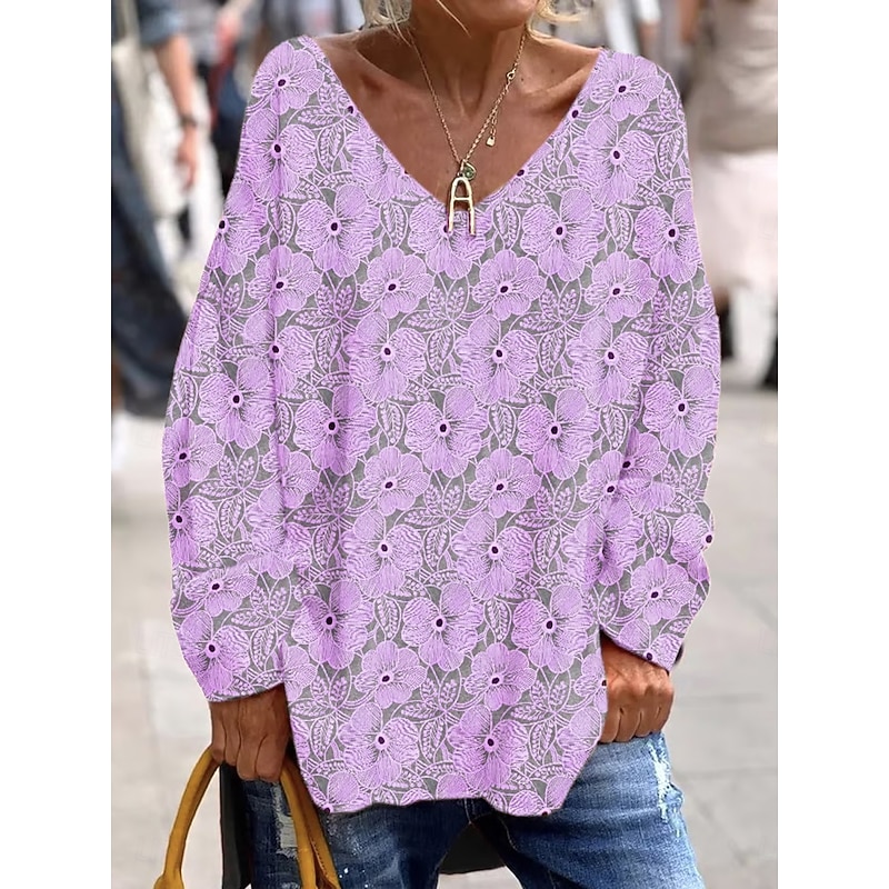 Women's T Shirt Floral Graphic Elegant Vintage Fashion Long Sleeve V Neck Regular Tops Daily Weekend Print Pink Blue Purple Green Spring Fall4