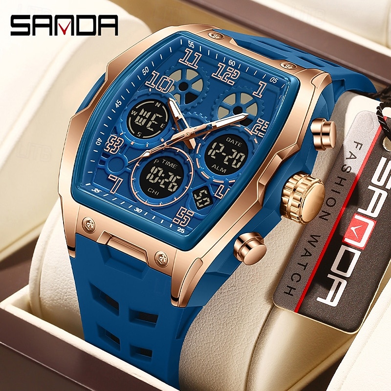 SANDA 6266 Men's Electronic Watch Sports Multifunctional Waterproof Wine Barrel Type Countdown Men's Electronic Digital Watch