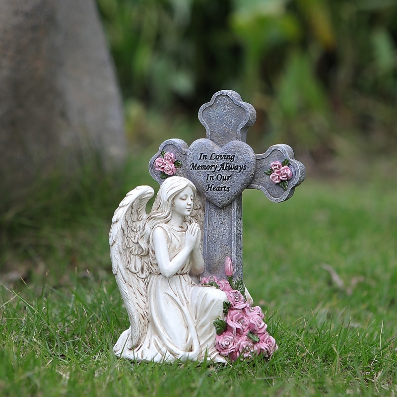 1 Pc Outdoor Solar Waterproof Retro Prayer Angel Statue Light Cross Commemorative Cemetery Garden Ornament Resin Decorative Light Landscape Light3