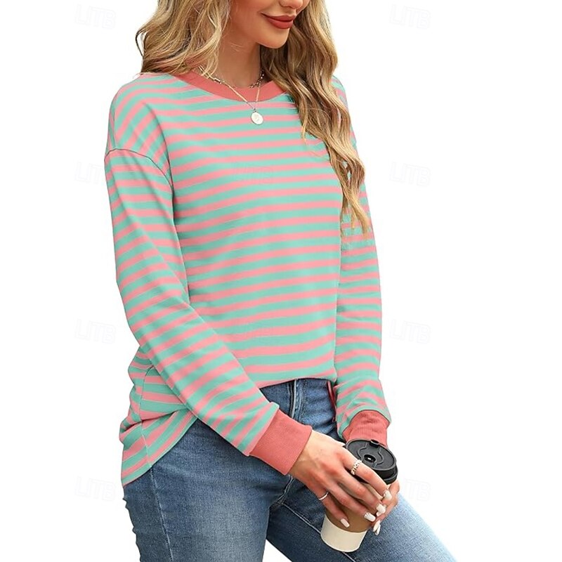 Women's Blouse Striped Modern Casual Long Sleeve Crew Neck Regular Tops Daily Going out Patchwork Blush Pink Black White Light Green Pink Summer3