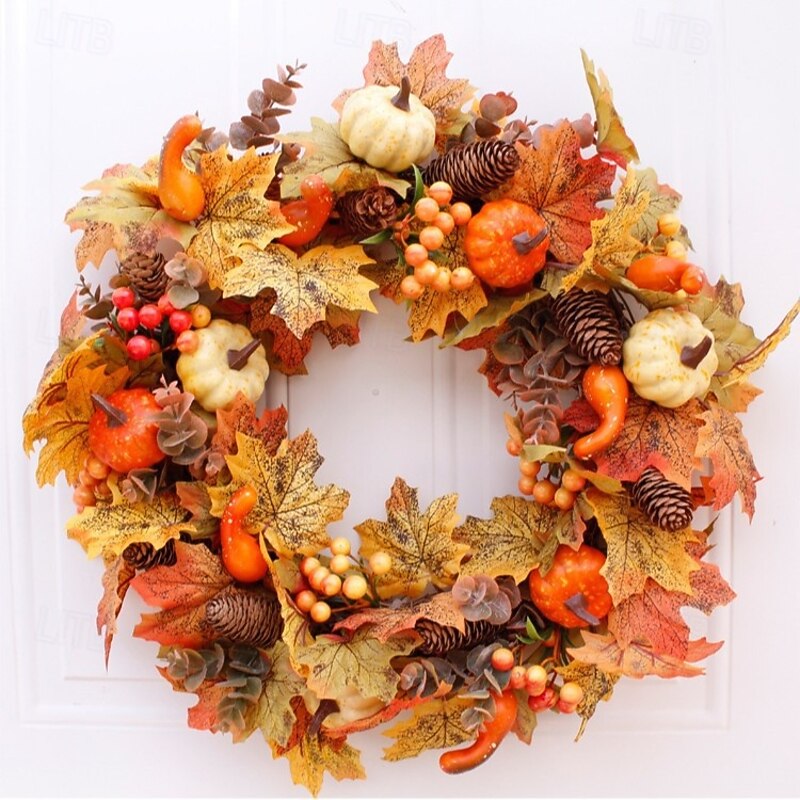 Fall Wreath for Front Door Thanksgiving Autumn Farmhouse Indoor Outdoor Decoration, Pumpkin Pinecone Berry Maple Leaf Vine Wreath, Rustic Harvest Door and Wall Hanging Decor