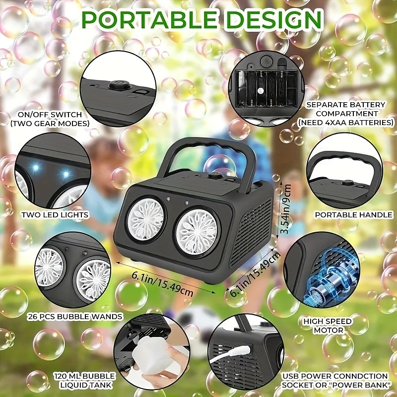 Double Fan Bubble Blower Bubble Gun USB and Battery Powered Essential for Birthday Parties Weddings Friends Gatherings Parent-Youngsters Entertainment Outdoor Activities Not Included Batterie