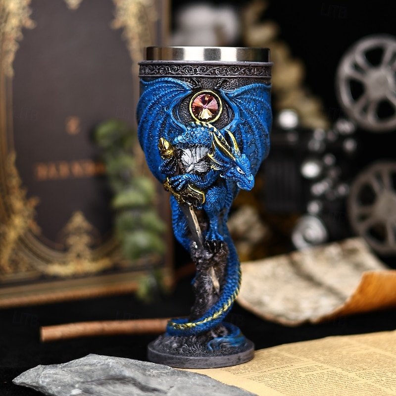 Vintage 3D Dragon Warrior Wine Glass, Dragon Warrior Cocktail Cup,Stainless Steel Resin Unique Fantasy Dragon Sculpted Tumbler