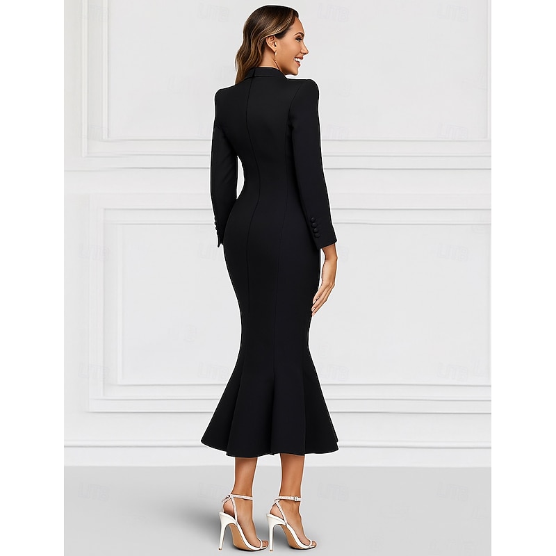 Tuxedo Dress Mermaid / Trumpet Mermaid Formal Stretch Crepe Elegant Long Sleeve Ankle Length Shirt Collar Double Breasted3