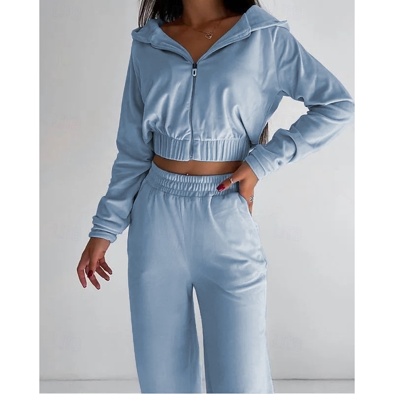 Women's Tracksuit Sweatpants Wide Leg Pants Cropped Zipper Pocket Solid Colored Clothing Suit Fall Black Blue Spandex Gym Athleisure Running Thermal Warm Windproof Long Sleeve Sport Activewear