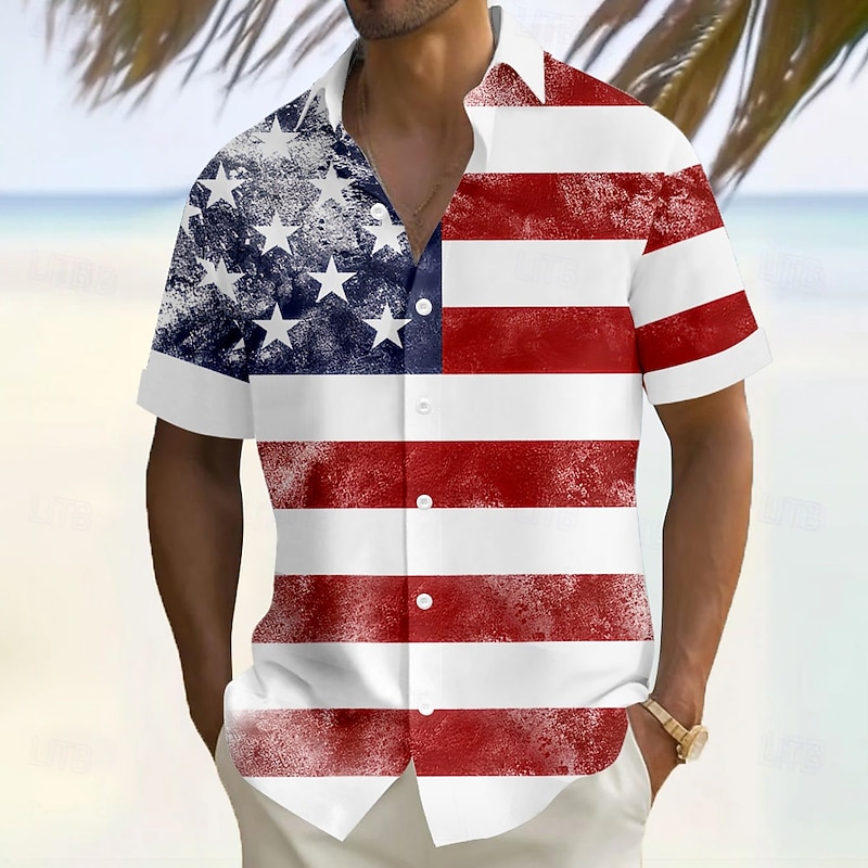 Independence Day Men's American US Flag Patriotic Fourth of July Shirt Summer Shirt Button Up Shirt Short Sleeve Fashion Casual Outdoor Vacation Dailywear Summer Turndown 3D Print Linen Like Shirt