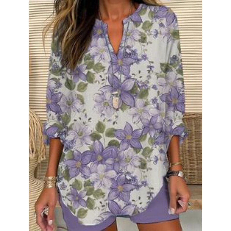 Women's Shirt Floral Stylish Modern Long Sleeve V Neck Regular Tops Daily Holiday Buttons Print Pink Purple Green Beige Summer4
