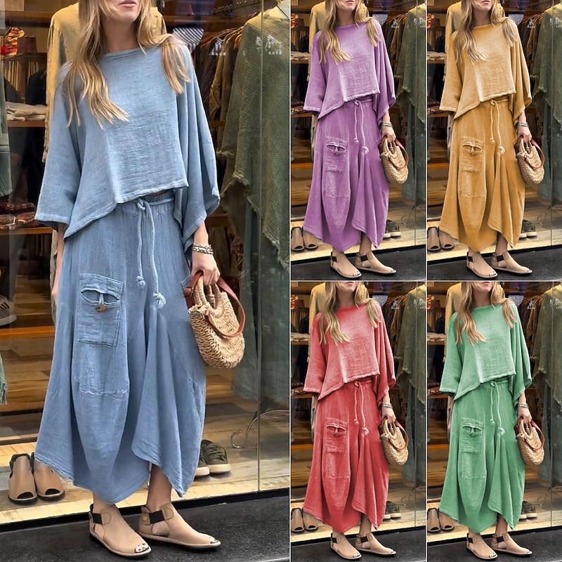 Women's Elegant Fashion Basic Pants Sets Long Sleeve Round Neck Solid Color Outdoor Work Casual Black White Yellow Summer Regular Fit