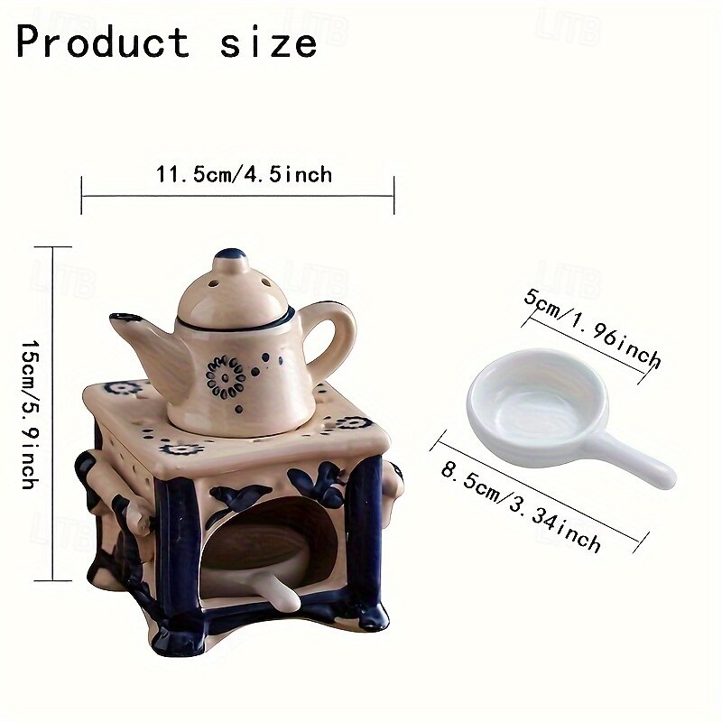 Blue & White Ceramic Teapot Candle Holder  Aromatic Oil Heater with Floral Patterns Elegant Home Decor for Holidays Valentines Day and Tea Lovers3