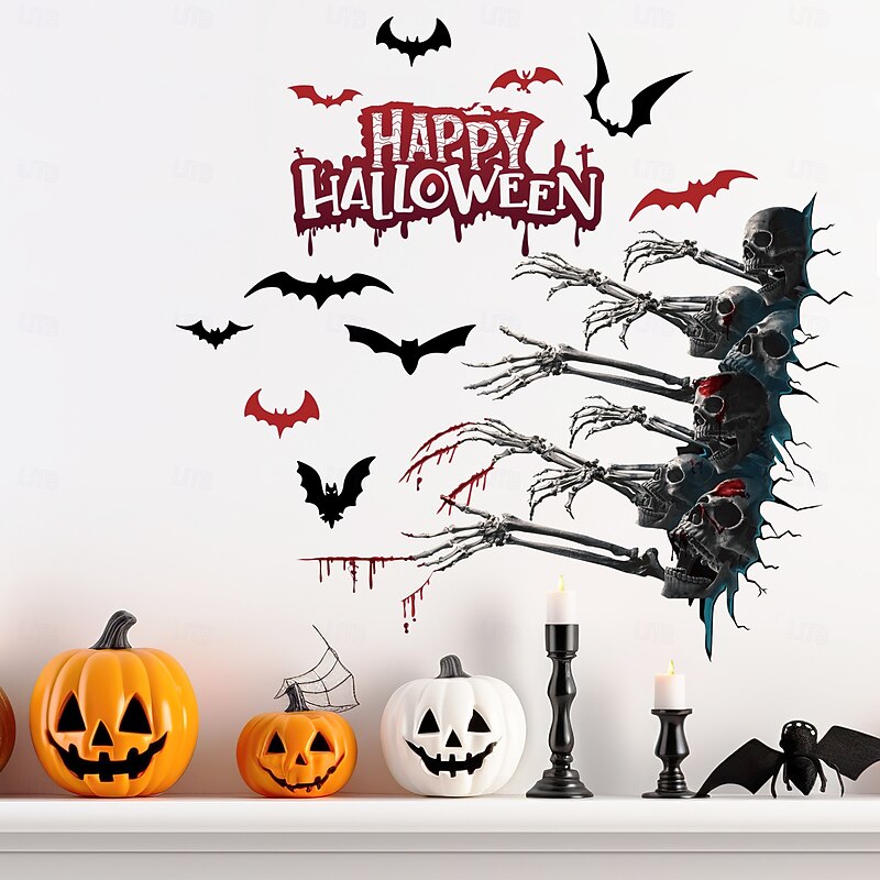 Halloween Wall Decal Sticker Spooky Hand, Skull, and Bat Design, Self-Adhesive Wall Decor for Living Room and Holiday Party
