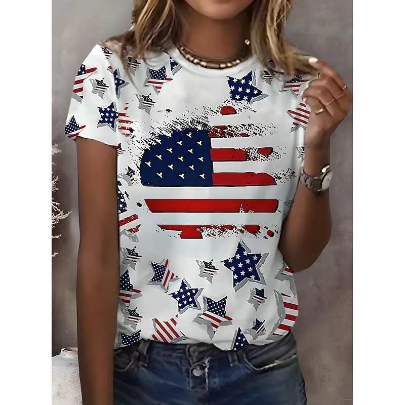 Women's Patriotic  T Shirt Graphic Flag Vintage Stylish Classic Short Sleeve Crew Neck Round Neck Regular Tops Daily Weekend Print Black White Red Blue Summer Spring4