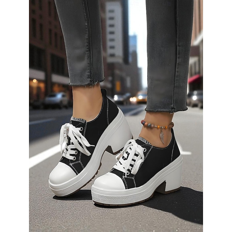 Women's Black Platform Chunky Heel Canvas Sneakers – Lace-Up Retro Street Style Shoes for Teens and Young Adults for Daily Walks Campus Life and Casual Outings