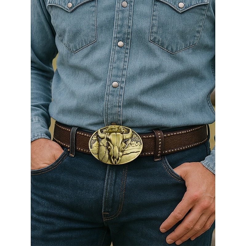 Men's western style faux leather belt with a bull skull bronze buckle, Perfect for casual and cowboy outfits3