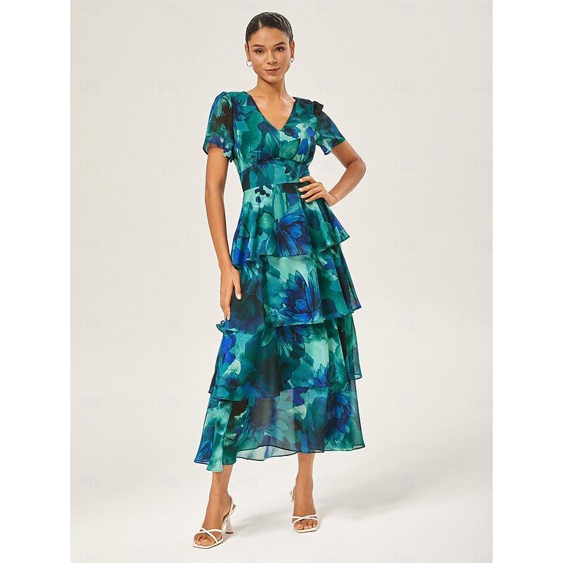 Women's Wedding Guest Party Maxi Chiffon Dress V Neck Flowy Multicolor Floral Print Dark Green Vintage Elegant A Line Tiered Ruffle Cake Skirt Waist Slim Fit Elastic Back Dress4