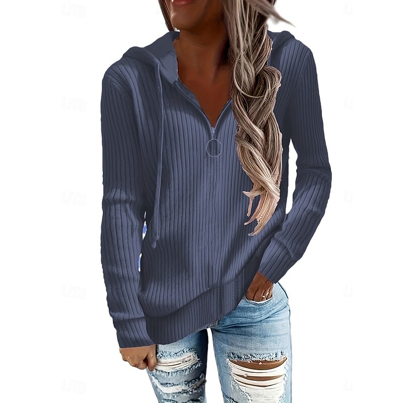Women's Sweater Casual Soft Pure Color Ribbed Hooded Knitted Long Sleeve Regular Tops Knit Outdoor Daily Weekend Black White Fall Winter2