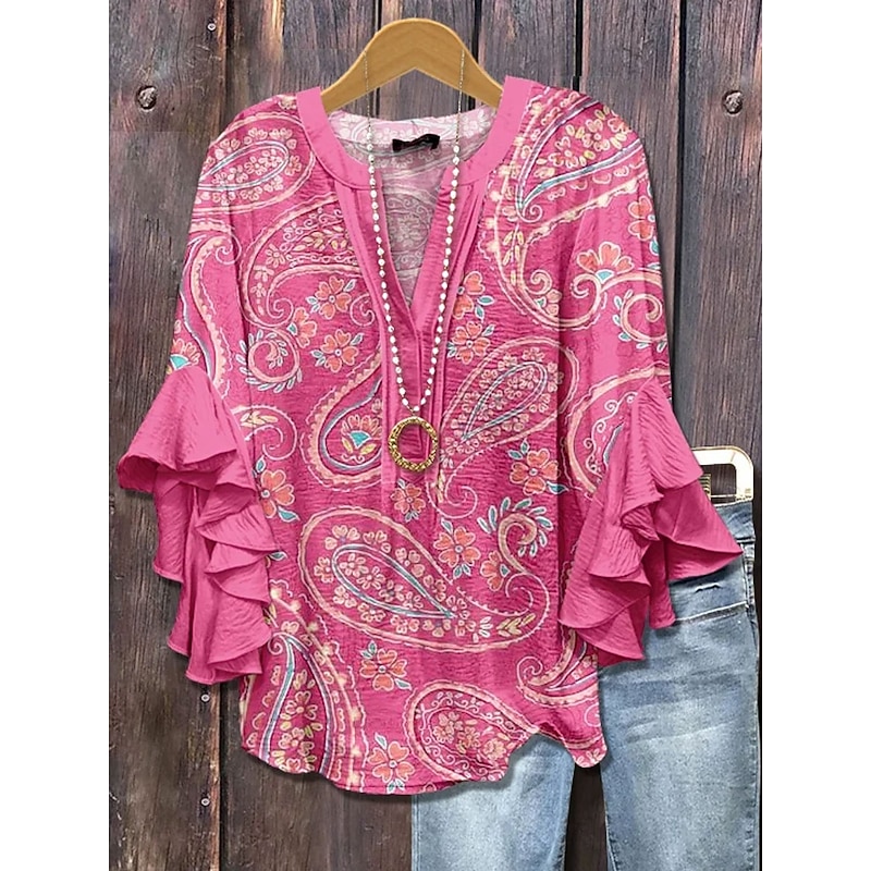 Women's Blouse V Neck Floral Graphic Daily Stylish Casual 3/4 Length Sleeve Regular Tops Daily Holiday Vacation Wear Print Pink Red Blue Green Summer Spring4